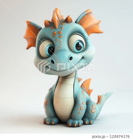 Cute blue and orange baby dragon smiling and looking down 128974176