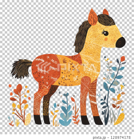 Colorful folk art foal standing in a field of flowers with transparent background 128974178