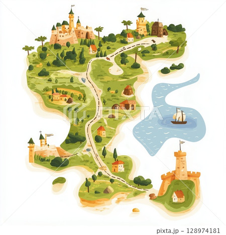 Medieval fantasy map showing castles, villages and sailing ship 128974181