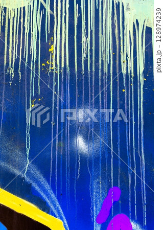Abstract Drip Paint Design in Vibrant Blue, Yellow, Purple with 80s Pop Art Vibe Abstract Drip Paint Design in Vibrant Blue, Yellow, Purple with 80s Pop Art Vibe 128974239