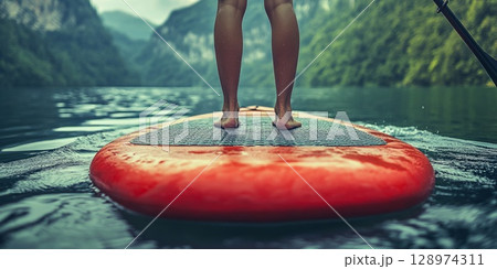 Legs of man standing on paddleboard on Calm Mountain Lake. SUP Stand-up Paddleboard 128974311