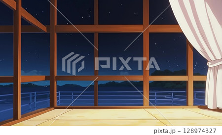 ゲーム背景　　木枠壁のある舞台ベランダ 128974327
