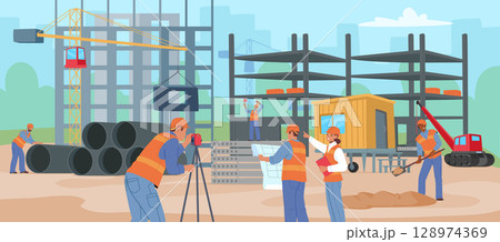 Construction site cartoon scene with industrial engineers, foremen providing building work process 128974369