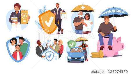 Financial advisor offering medical policy, insurance and assurance services for people cartoon set Financial advisor offering medical policy, insurance and assurance services for people cartoon set 128974370