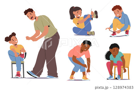 Cute funny children learning to tie laces on sneakers footwear isolated set on white background Cute funny children learning to tie laces on sneakers footwear isolated set on white background 128974383