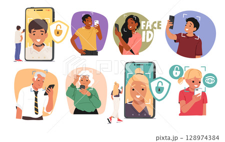 People using face id recognition system smart technology in mobile phone for data protection set 128974384