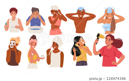 Teens wellness experiencing hygiene and beauty procedures for skin and body care isolated set Teens wellness experiencing hygiene and beauty procedures for skin and body care isolated set 128974386