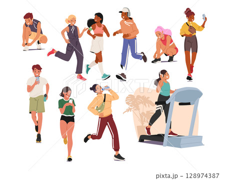Boys and girls teenager cartoon characters tying shoes before running, enjoying jogging training set 128974387