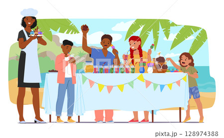 Catering service for children party event cartoon scene with happy kids, catered table and waitress Catering service for children party event cartoon scene with happy kids, catered table and waitress 128974388