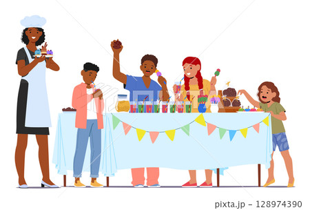 Professional waitress serving children birthday party event bringing snacks for happy kids scene 128974390
