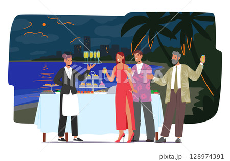 Catering service cartoon scene with corporate event, wedding or engagement beach party celebration 128974391