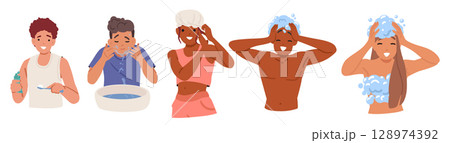 Happy teenagers cartoon characters bushing teeth, washing face and taking shower isolated set 128974392