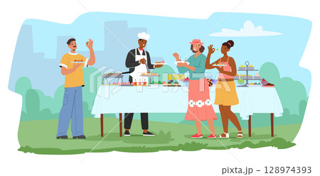 Professional catering service of outdoor buffet in public park cartoon scene with happy guests 128974393