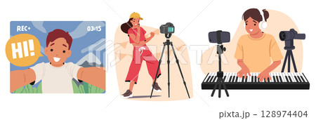 Excited experienced kids bloggers shooting sport training and music lesson tutorial, travel video Excited experienced kids bloggers shooting sport training and music lesson tutorial, travel video 128974404