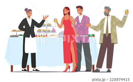 Group of elegant well-dressed people enjoying professional banquet service scene isolated on white 128974415