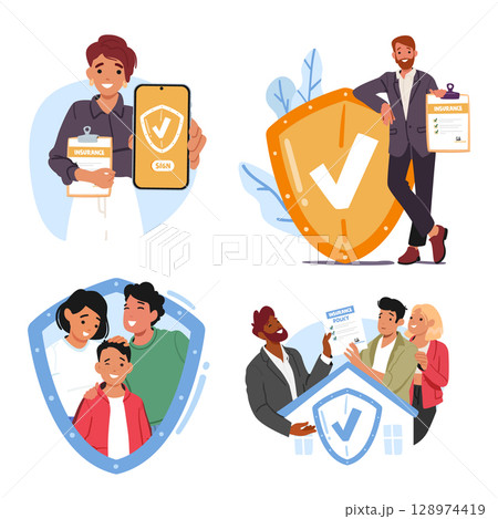 Man and woman insurance brokers offering property protection services and policy agreement set Man and woman insurance brokers offering property protection services and policy agreement set 128974419