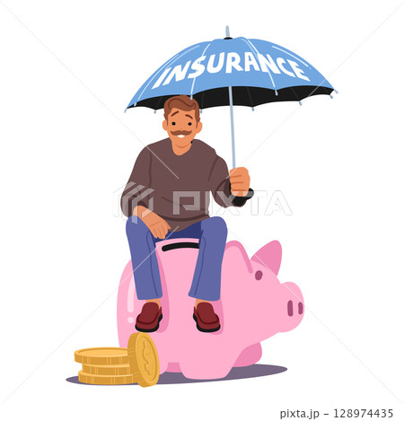 Financial security, savings insurance vector illustration with man holding umbrella on piggy bank Financial security, savings insurance vector illustration with man holding umbrella on piggy bank 128974435