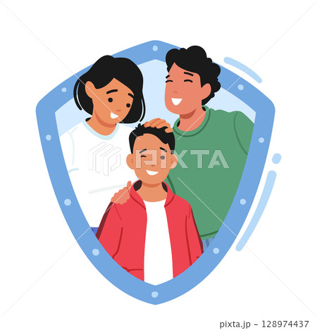 Family inside shield, parents and child under protection vector illustration with insurance concept 128974437