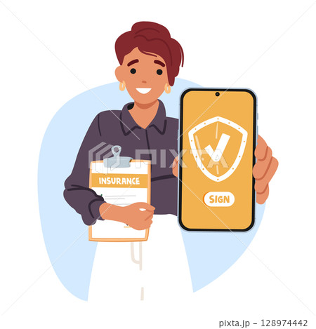 Woman manager offering safety risk free online insurance service showing mobile phone screen 128974442