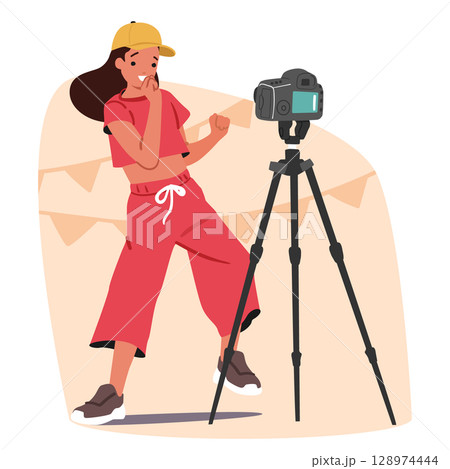Pretty girl child blogger shooting sports training video for blog in social media cartoon scene 128974444