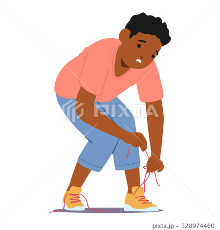 Upset boy child cartoon character trying to tie shoelaces on sneakers footwear isolated on white 128974460
