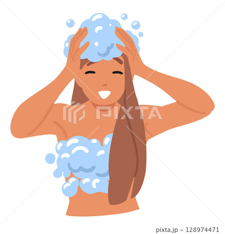 Teenage girl cartoon character with naked body in foamy bubbles taking shower isolated portrait 128974471