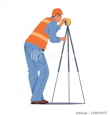 Surveyor engineer using laser level equipment on tripod to make measurement at construction site Surveyor engineer using laser level equipment on tripod to make measurement at construction site 128974472