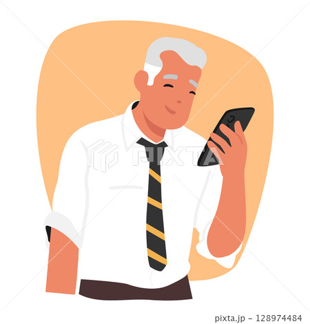 Senior businessman cartoon character looking at mobile phone device screen with nice smile 128974484