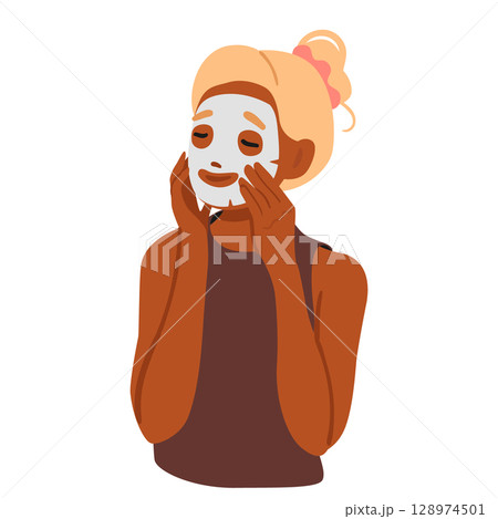 Pretty teenage girl cartoon character applying cosmetics facial mask for skincare isolated portrait 128974501