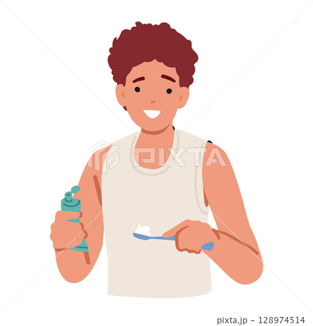 Happy smiling teenage boy cartoon character brushing teeth experiencing morning hygiene procedure Happy smiling teenage boy cartoon character brushing teeth experiencing morning hygiene procedure 128974514