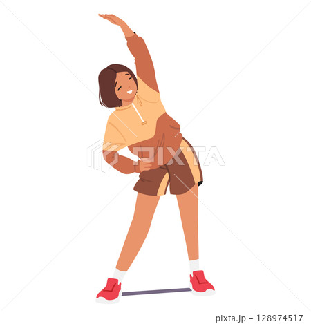 Teenage girl cartoon character training body flexibility warming up for endurance development 128974517