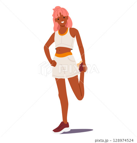 Teenage girl cartoon character with pink hair in sportive clothing stretching legs before jogging 128974524