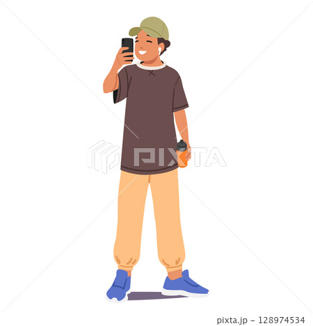 Teenage boy cartoon character shooting video by phone camera sharing results of his training Teenage boy cartoon character shooting video by phone camera sharing results of his training 128974534