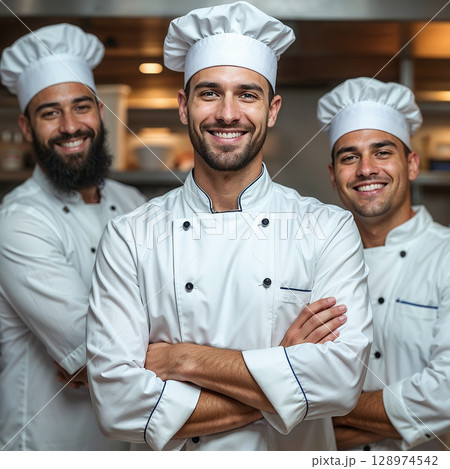 Close-up portrait of a group of professional chefs in clean white uniforms and tall chef hats 128974542