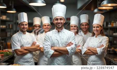Close-up portrait of a group of professional chefs in clean white uniforms and tall chef hats 128974547