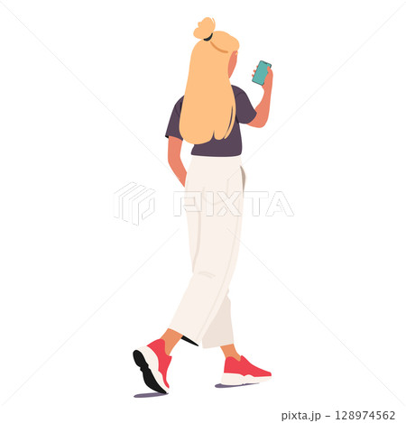 Teenager girl cartoon character walking with smartphone in hands talking while recording video Teenager girl cartoon character walking with smartphone in hands talking while recording video 128974562