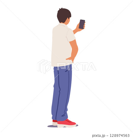 Teenage boy cartoon character using mobile phone standing backside isolated on white background Teenage boy cartoon character using mobile phone standing backside isolated on white background 128974563