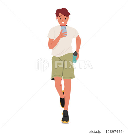 Teenage guy jogger cartoon character recording video blog using mobile phone while running outdoors Teenage guy jogger cartoon character recording video blog using mobile phone while running outdoors 128974564