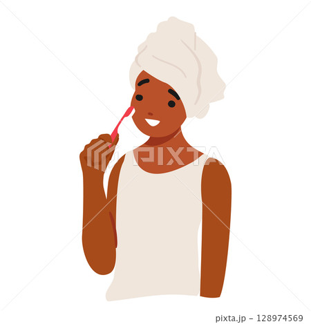 Teenage girl cartoon character wearing bath tower on head brushing teeth with toothbrush portrait Teenage girl cartoon character wearing bath tower on head brushing teeth with toothbrush portrait 128974569