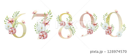 Elegant number six, seven, eight, nine, zero with flowers and leaves, butterfly. Watercolor gerbera, chamomile, echinacea. Hand drawn wildflower art isolated on background, transparent png. Botanical 128974570