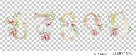 Elegant number six, seven, eight, nine, zero with flowers and leaves, butterfly. Watercolor gerbera, chamomile, echinacea. Hand drawn wildflower art isolated on background, transparent png. Botanical 128974570