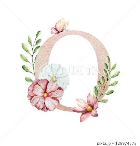 Watercolor letter O with floral ornament and soft foliage, gerbera, chamomile, echinacea. Delicate hand drawn alphabet, butterfly and botanical elements in elegant. Transparent PNG, perfect for 128974578