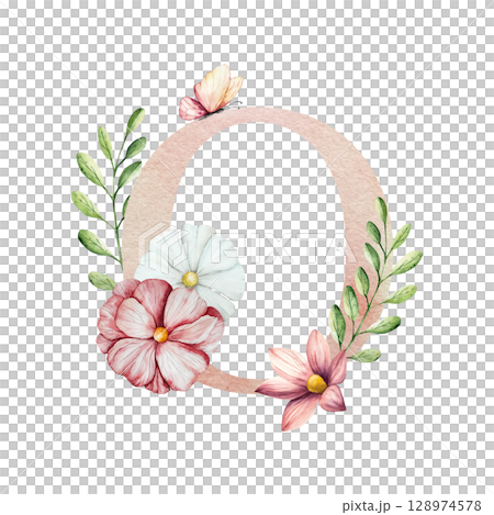 Watercolor letter O with floral ornament and soft foliage, gerbera, chamomile, echinacea. Delicate hand drawn alphabet, butterfly and botanical elements in elegant. Transparent PNG, perfect for 128974578