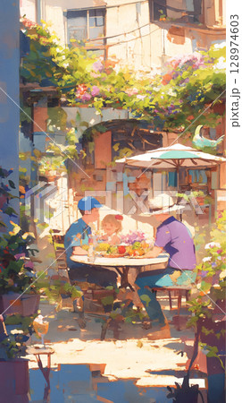 木漏れ日が美しく揺れる中で、家族がランチを楽しむ情景を水彩で描いた、やさしさあふれる風景イラスト 128974603