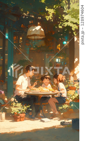懐かしい記憶を呼び覚ます、家族で囲む昼食の時間を描いた水彩風イラスト、自然光と影の演出 128974604
