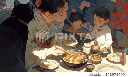 木漏れ日が美しく揺れる中で、家族がランチを楽しむ情景を水彩で描いた、やさしさあふれる風景イラスト 128974609