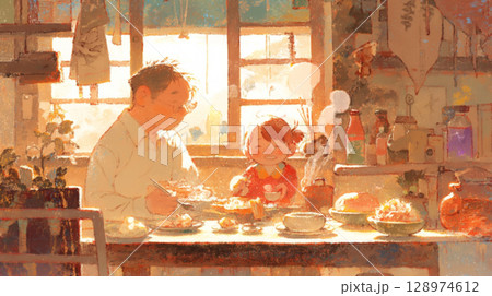 木漏れ日が美しく揺れる中で、家族がランチを楽しむ情景を水彩で描いた、やさしさあふれる風景イラスト 128974612