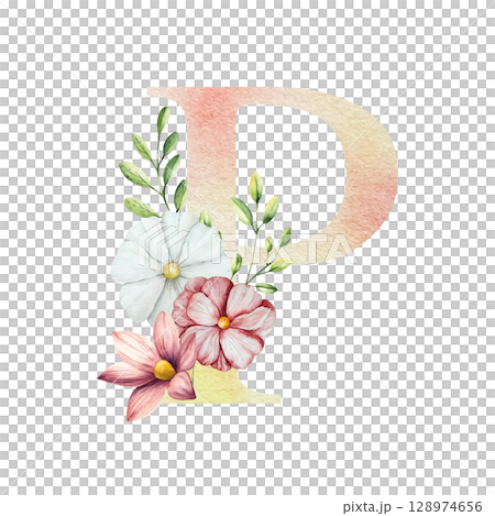 Watercolor letter P with floral ornament and soft foliage, gerbera, chamomile, echinacea. Delicate hand drawn alphabet, butterfly and botanical elements in elegant. Transparent PNG, perfect for 128974656