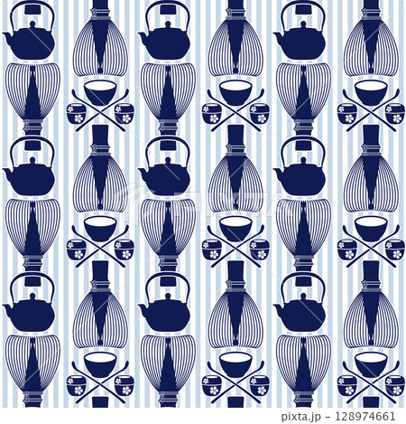 シンプルに描かれた茶道具のモダンな柄, 128974661