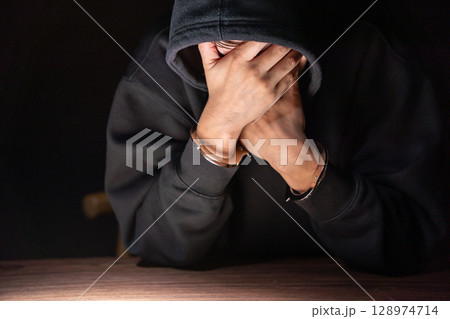 犯罪者　手錠　取り調べ 128974714